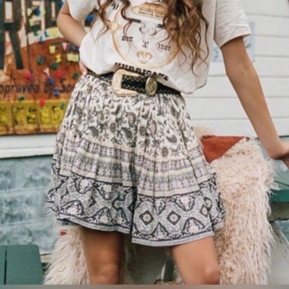 SPELL Journey Mini Skirt S Ash Grey Print Bohemian Boho Hippie Artsy Flowy